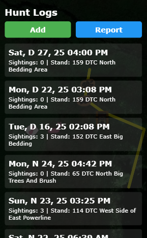 Seemoredeer.com hunt log menu screenshot